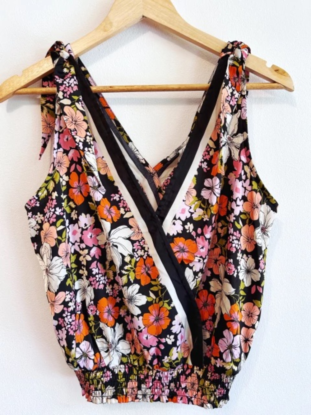 Joie Black Floral Surplice Camisole with Pink, Coral & White Blooms Size M